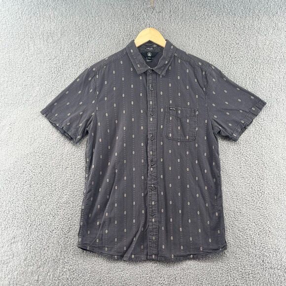 Volcom Modern Fit Button Shirt Mens Size L Gray Short Sleeves Pocket Geometric - Picture 1 of 14